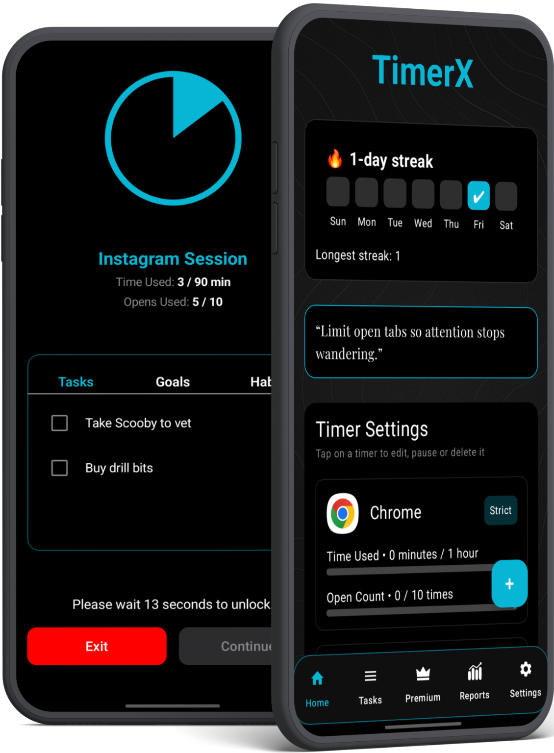 TimerX app interface on Android